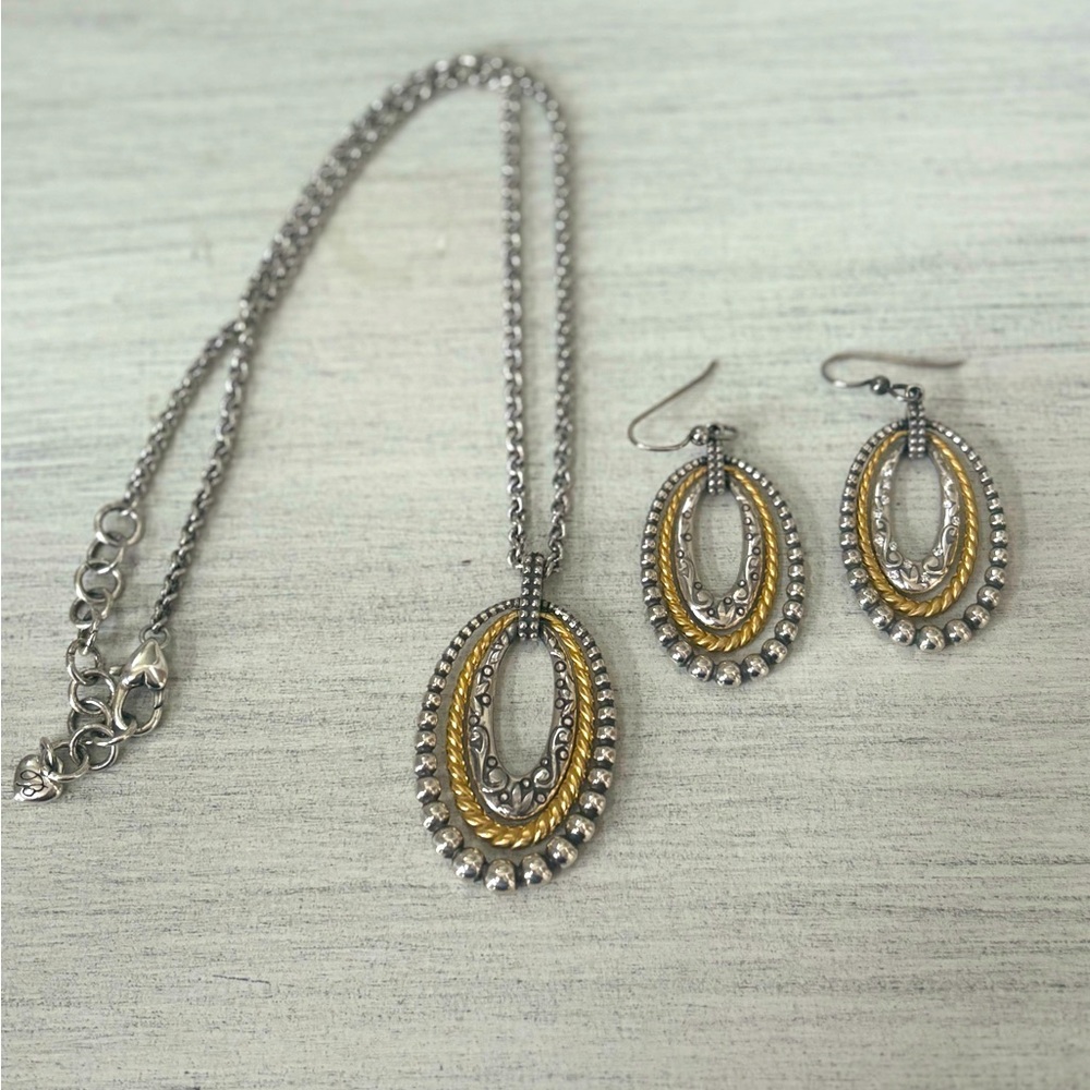 Brighton triple oval ring two tone necklace and earrings.